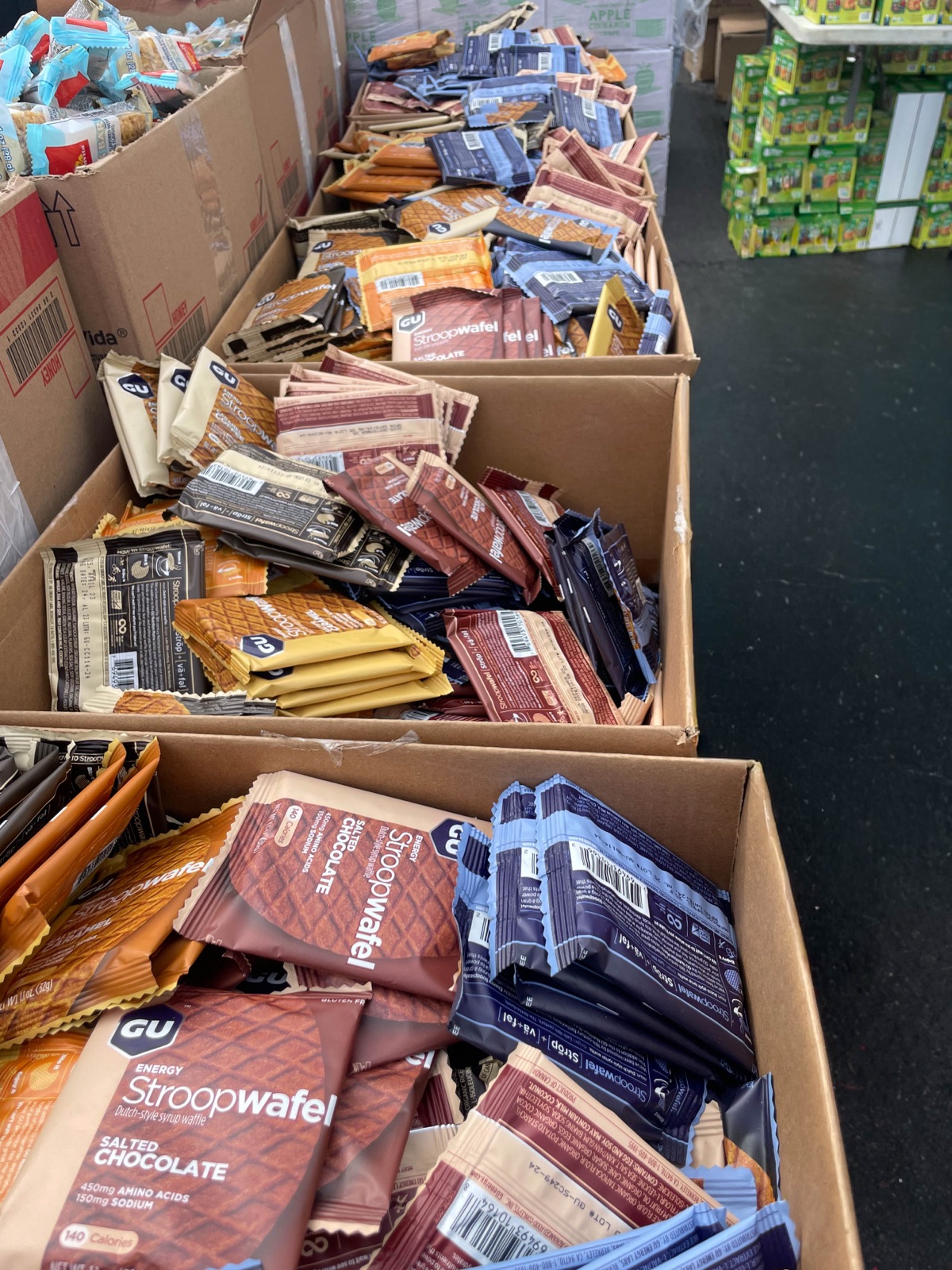 Rows of boxes filled with donated GU Stroopwafels
