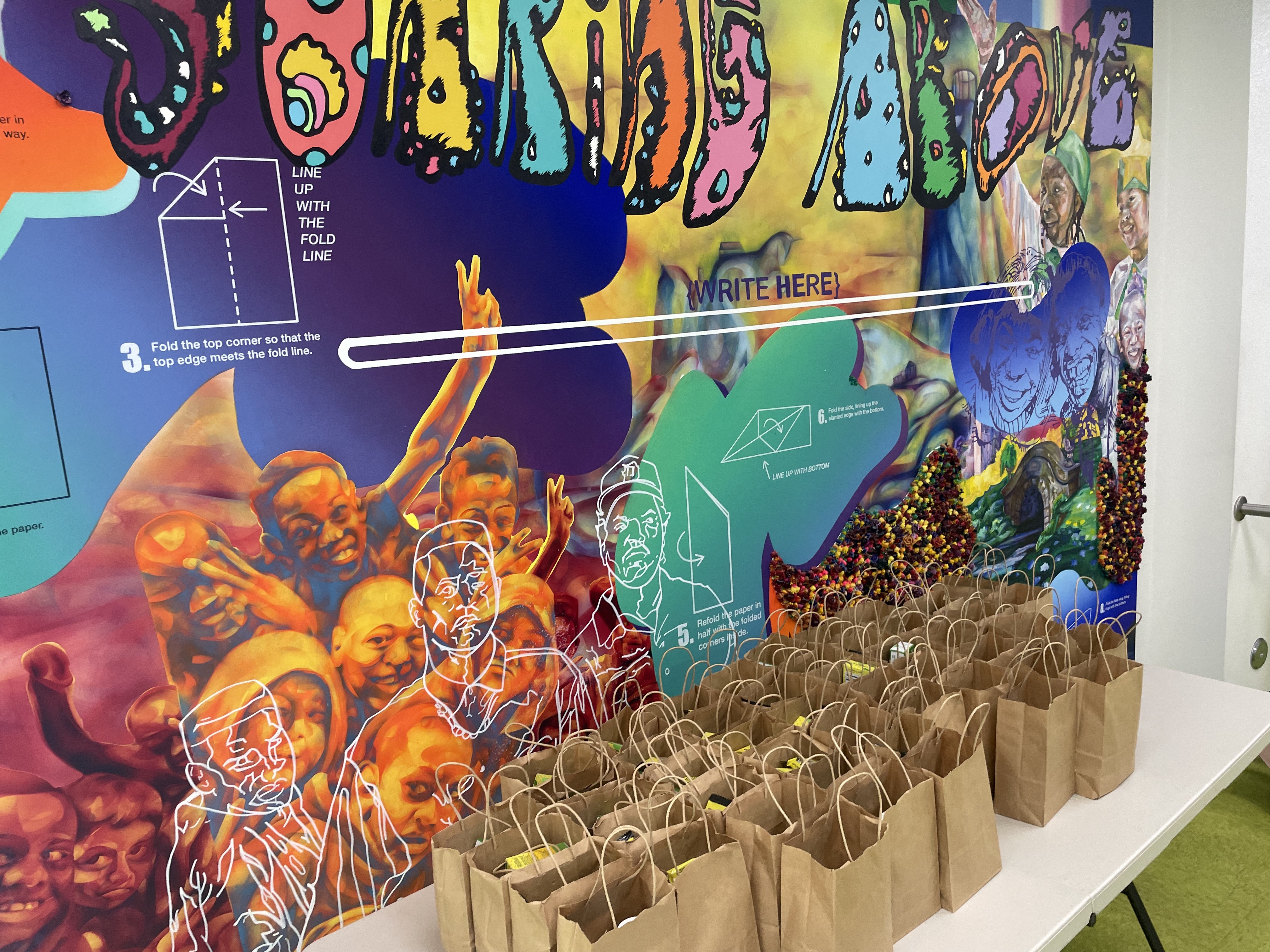 Gift bags lined up at HOPICS community center